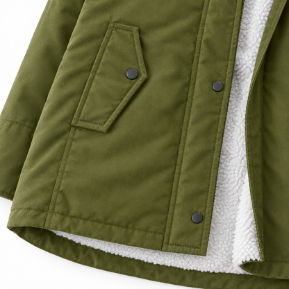 Kelly Sherpa-Lined Hooded Parka - Olive, snap-flap pocket and sherpa lining close-up