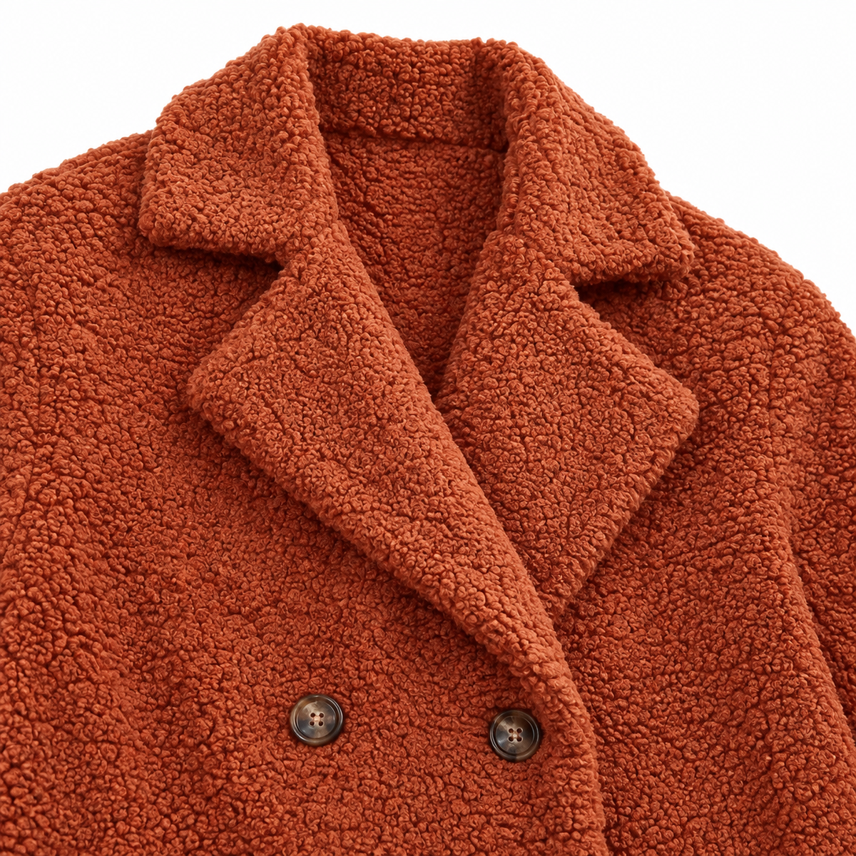 Brooke Teddy Double-Breasted Jacket - Rust, lapel and button close-up