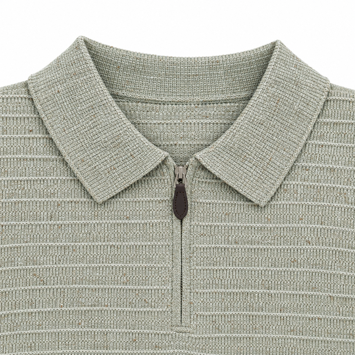 Frank Flecked Half-Zip Knit Polo - Sage, collar and half-zip close-up