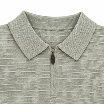 Frank Flecked Half-Zip Knit Polo - Sage, collar and half-zip close-up