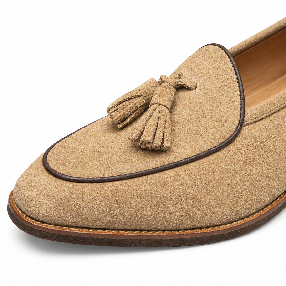 Everett Piped Suede Tassel Loafers - Sand, suede tassels and leather piping close-up
