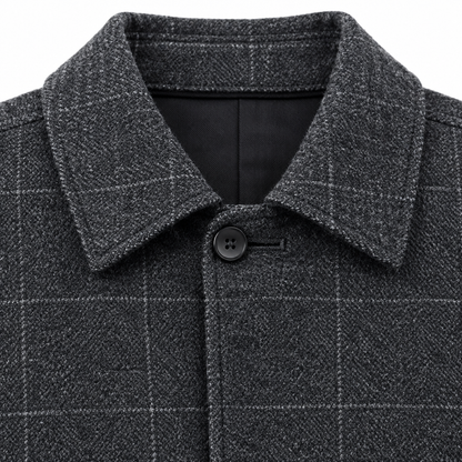 Graham Plaid-Lined Wool-Blend Overcoat - Striped Gray, collar and button close-up