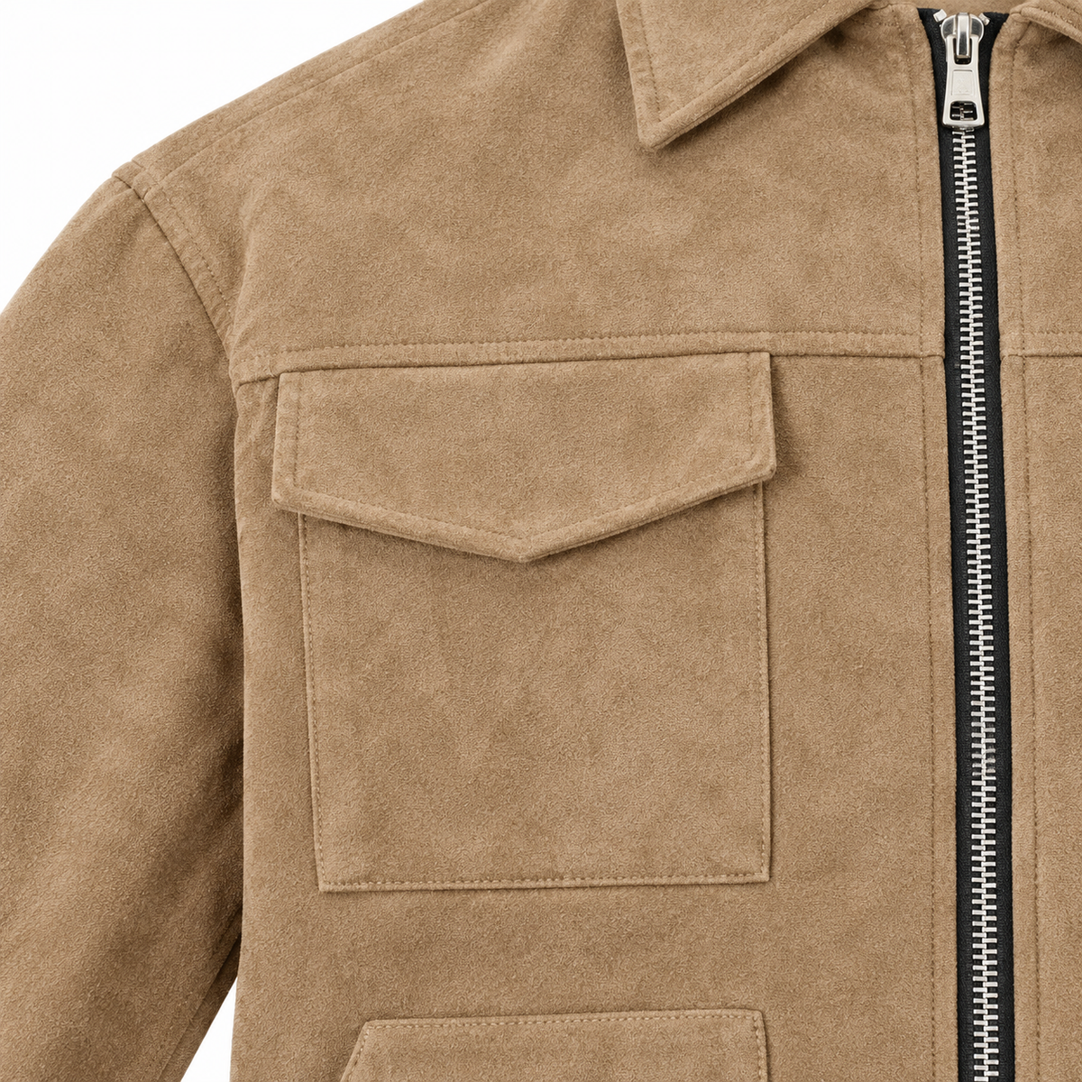Dalton Faux-Suede Zip Jacket - Tan, flap chest pocket and zip close-up