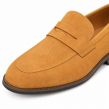 Preston Stacked-Heel Suede Penny Loafers - Tan, suede and penny strap close-up