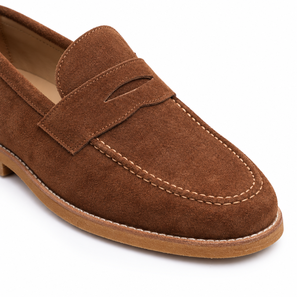 Arthur Stitched-Welt Suede Penny Loafers - Tan, penny strap and hand-stitched moc toe close-up