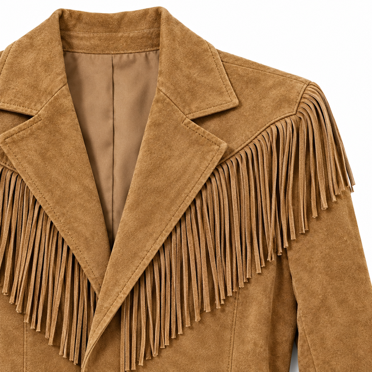 Dakota Faux-Suede Fringe Jacket - Tan, lapel and fringed yoke close-up
