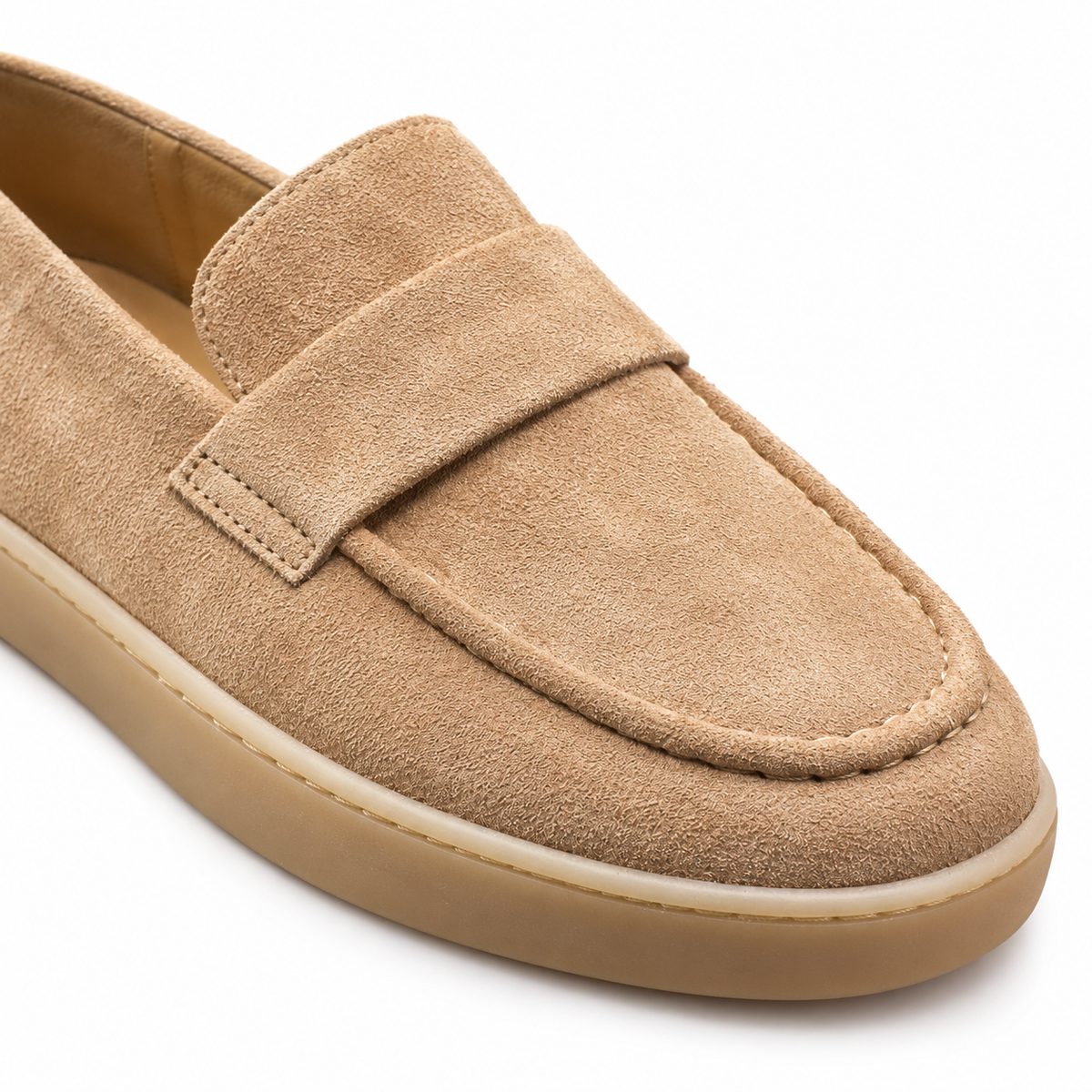 Brooks Saddle-Strap Suede Penny Loafers - Tan, saddle strap and moc toe close-up