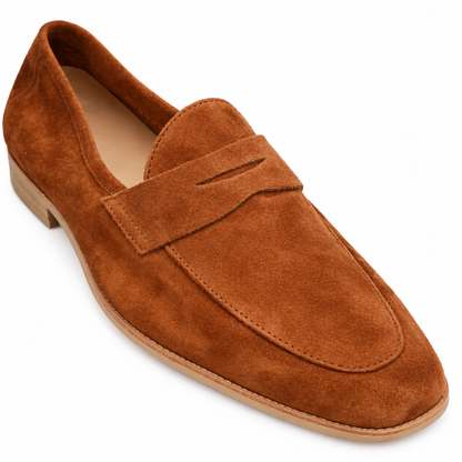 Henry Unstructured Suede Penny Loafers - Tan, penny strap and apron toe close-up