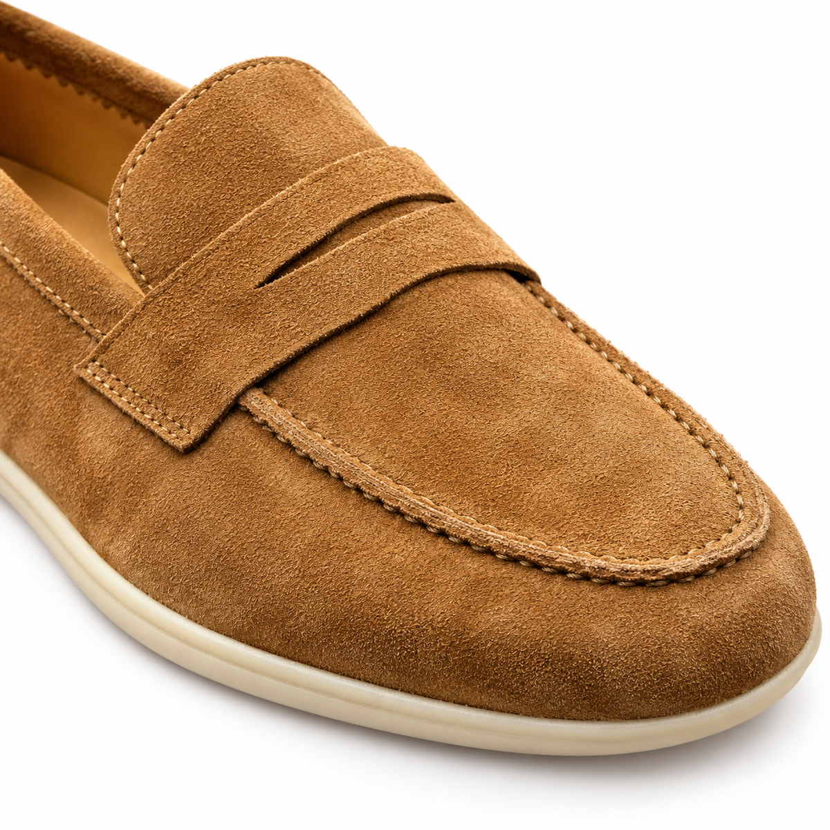 Graham Cream-Sole Suede Penny Loafers - Tan, penny strap and moc-toe close-up