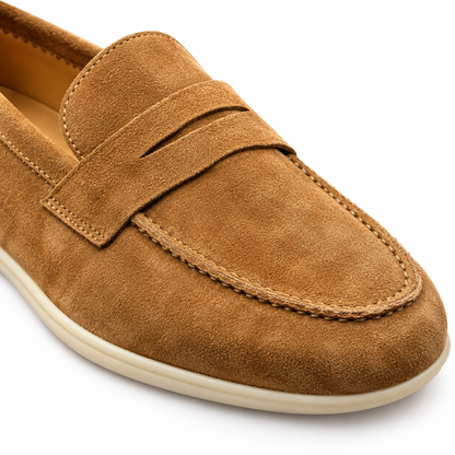 Graham Cream-Sole Suede Penny Loafers - Tan, penny strap and moc-toe close-up