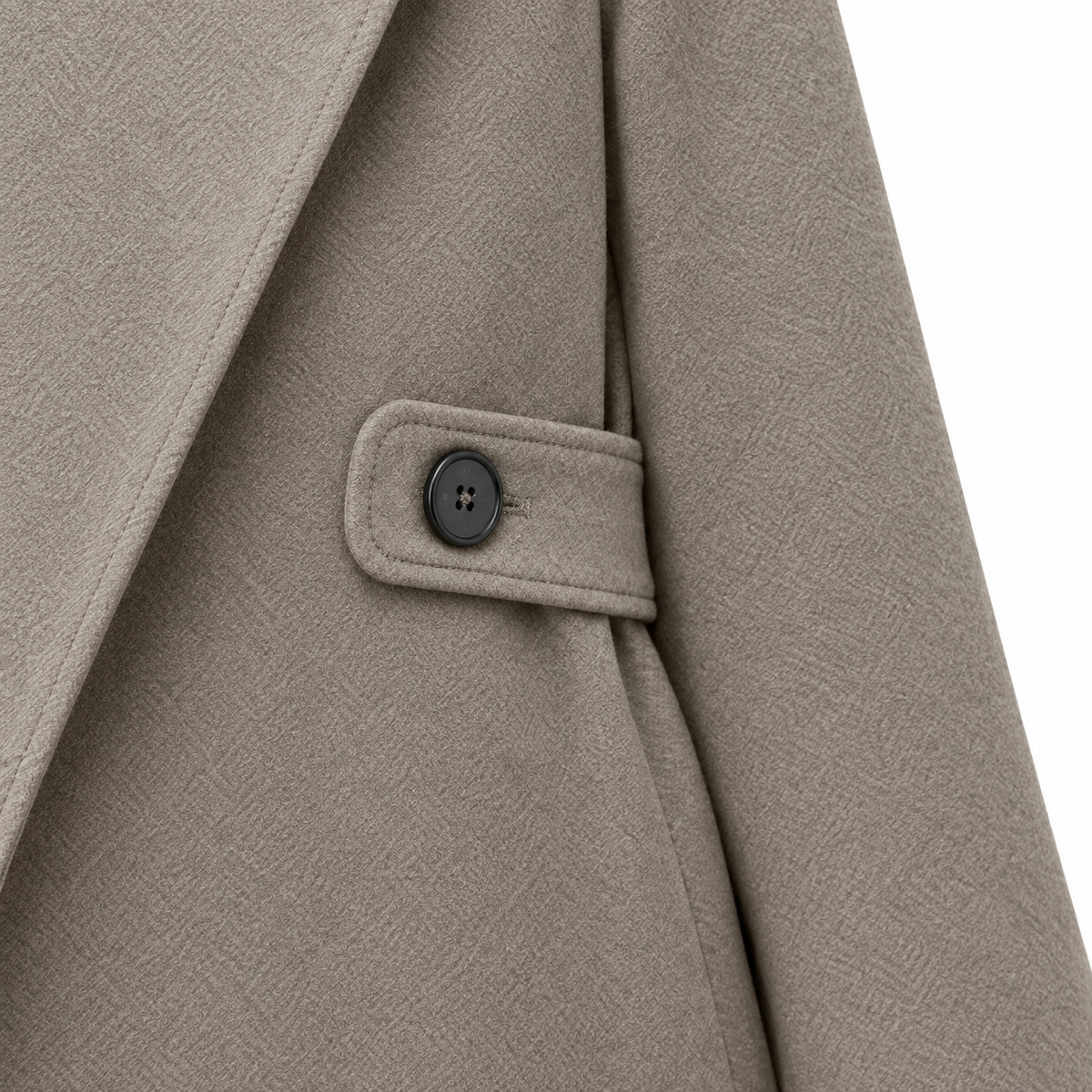 Evelyn Tab-Waist Tailored Coat - Taupe, waist tab and button close-up