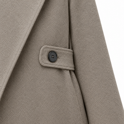 Evelyn Tab-Waist Tailored Coat - Taupe, waist tab and button close-up