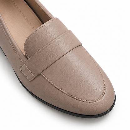 Grace Faux-Leather Penny Loafers - Taupe, penny strap and apron toe close-up