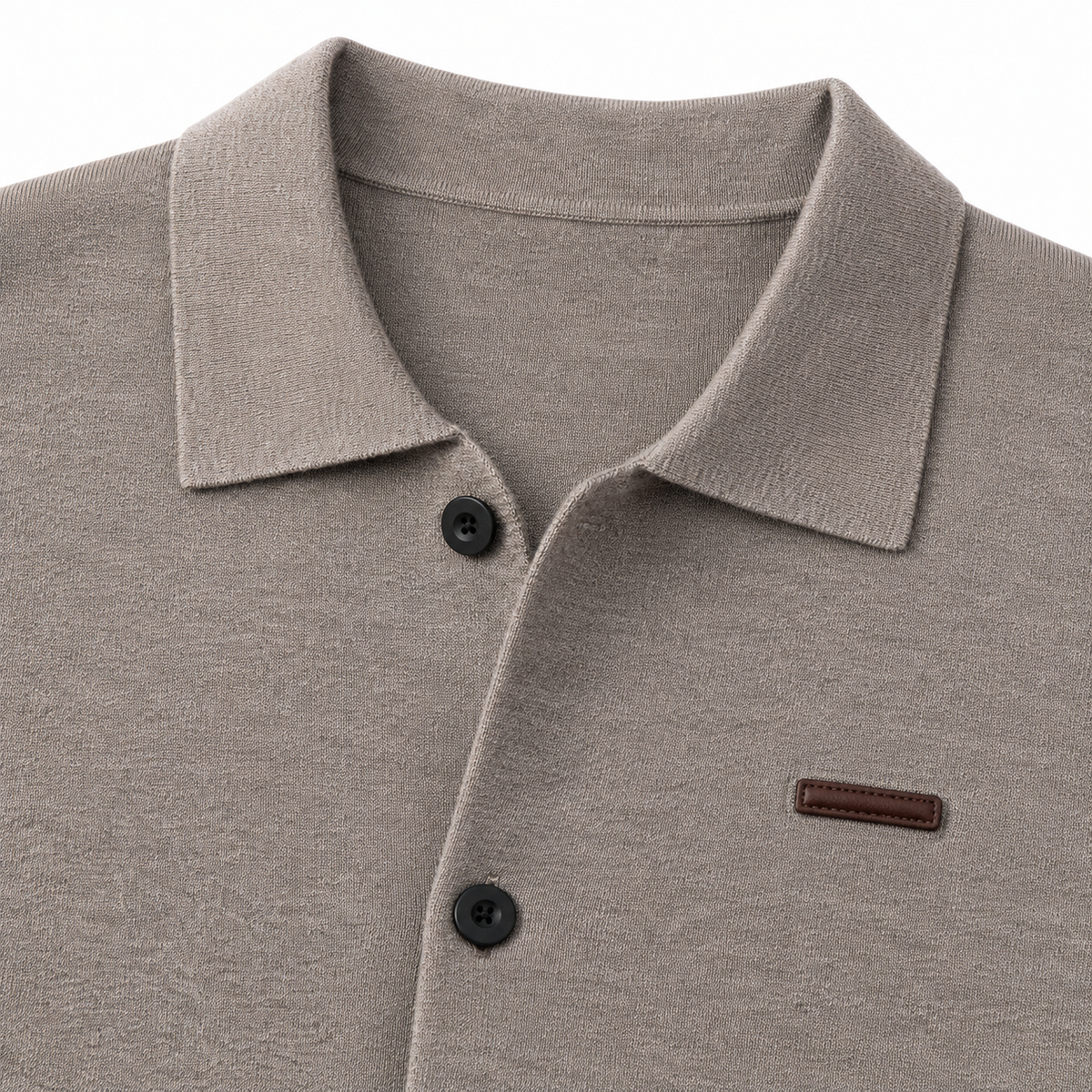 Philip Collared Knit Polo Cardigan - Taupe, collar and knit close-up