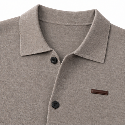 Philip Collared Knit Polo Cardigan - Taupe, collar and knit close-up