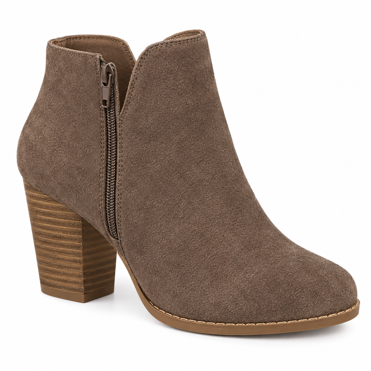 Erica V-Cut Suede-Look Ankle Boots - Taupe, V-cut collar, zip and suede-look nap close-up