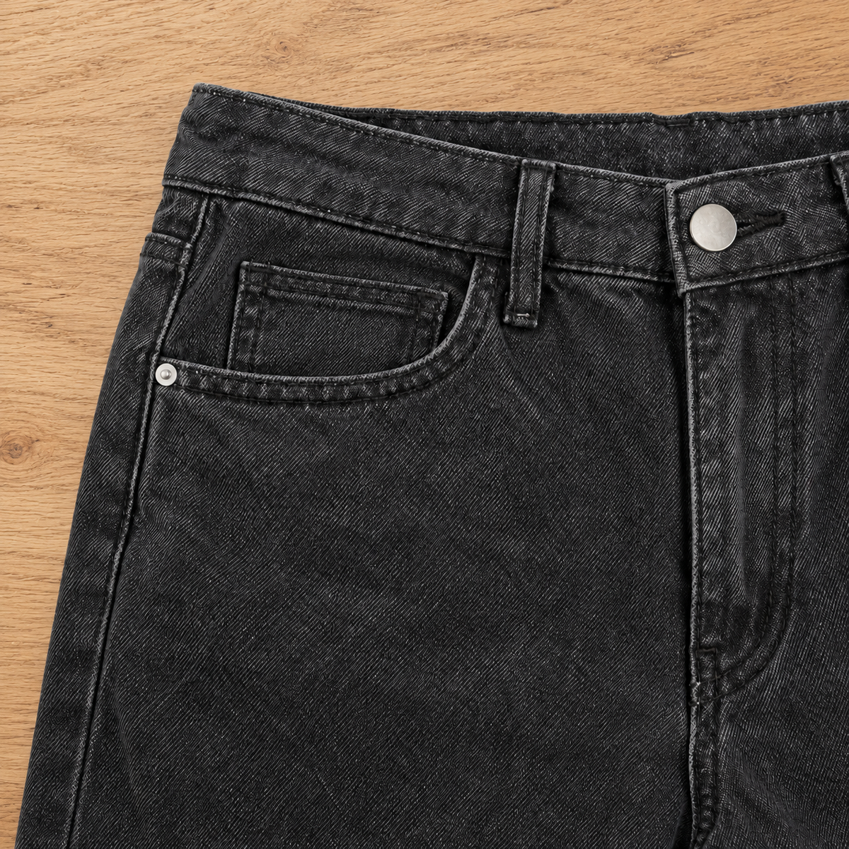 Miles Cotton Straight Jeans - Washed Charcoal, waistband and denim close-up
