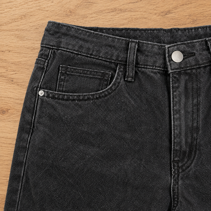 Miles Cotton Straight Jeans - Washed Charcoal, waistband and denim close-up