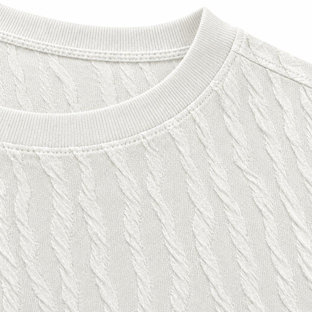 Luke Jacquard Knit Tee - White Wave, crew neck and jacquard texture close-up