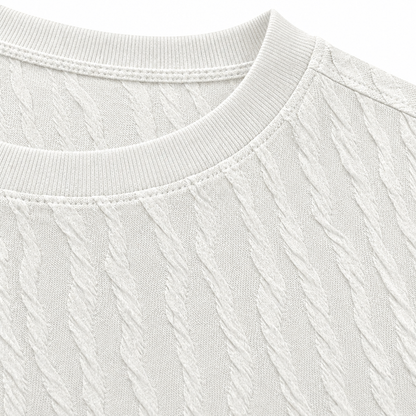Luke Jacquard Knit Tee - White Wave, crew neck and jacquard texture close-up