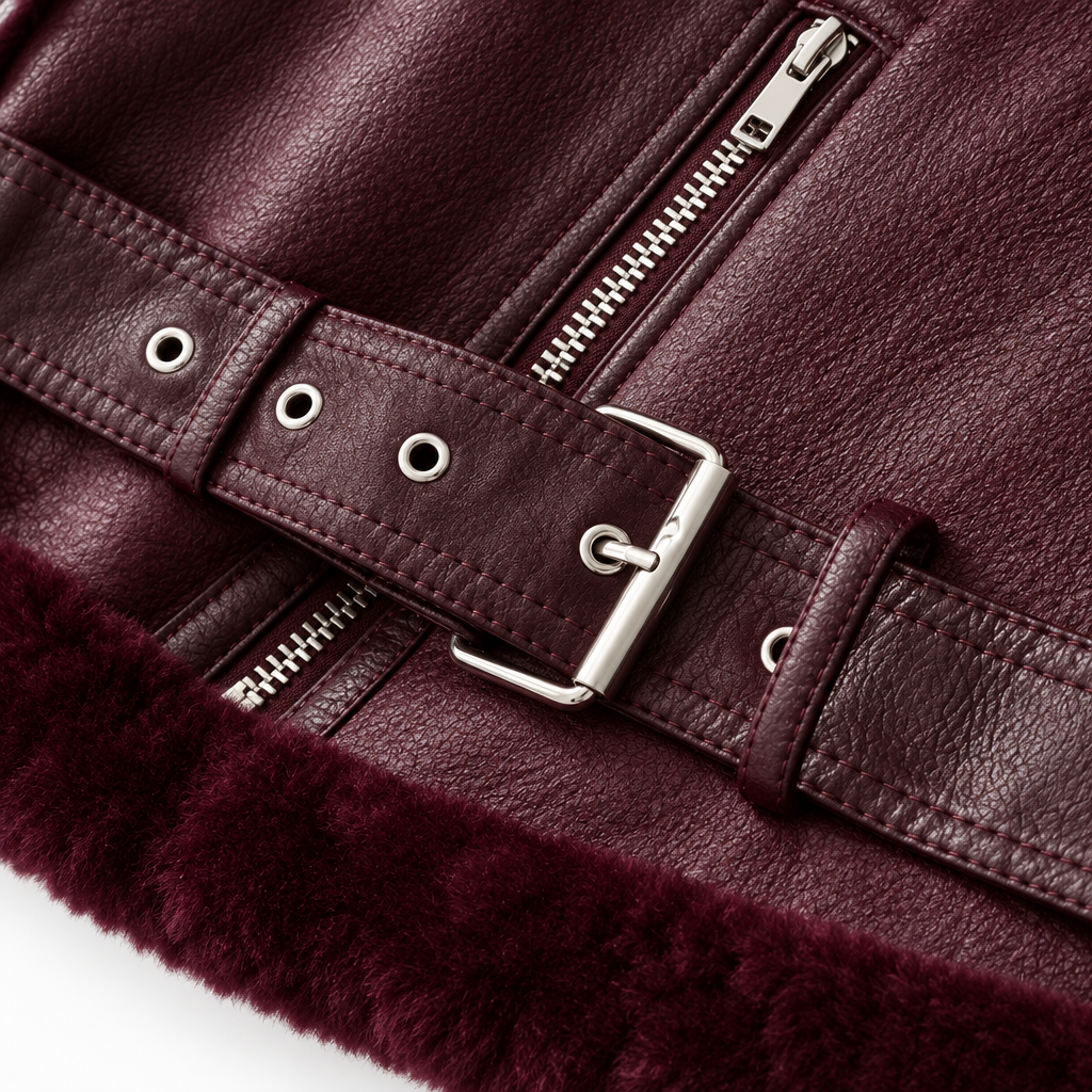 Nicole Belted Faux-Shearling Aviator Jacket - Wine Red, belt buckle, zip pocket and faux-fur hem close-up