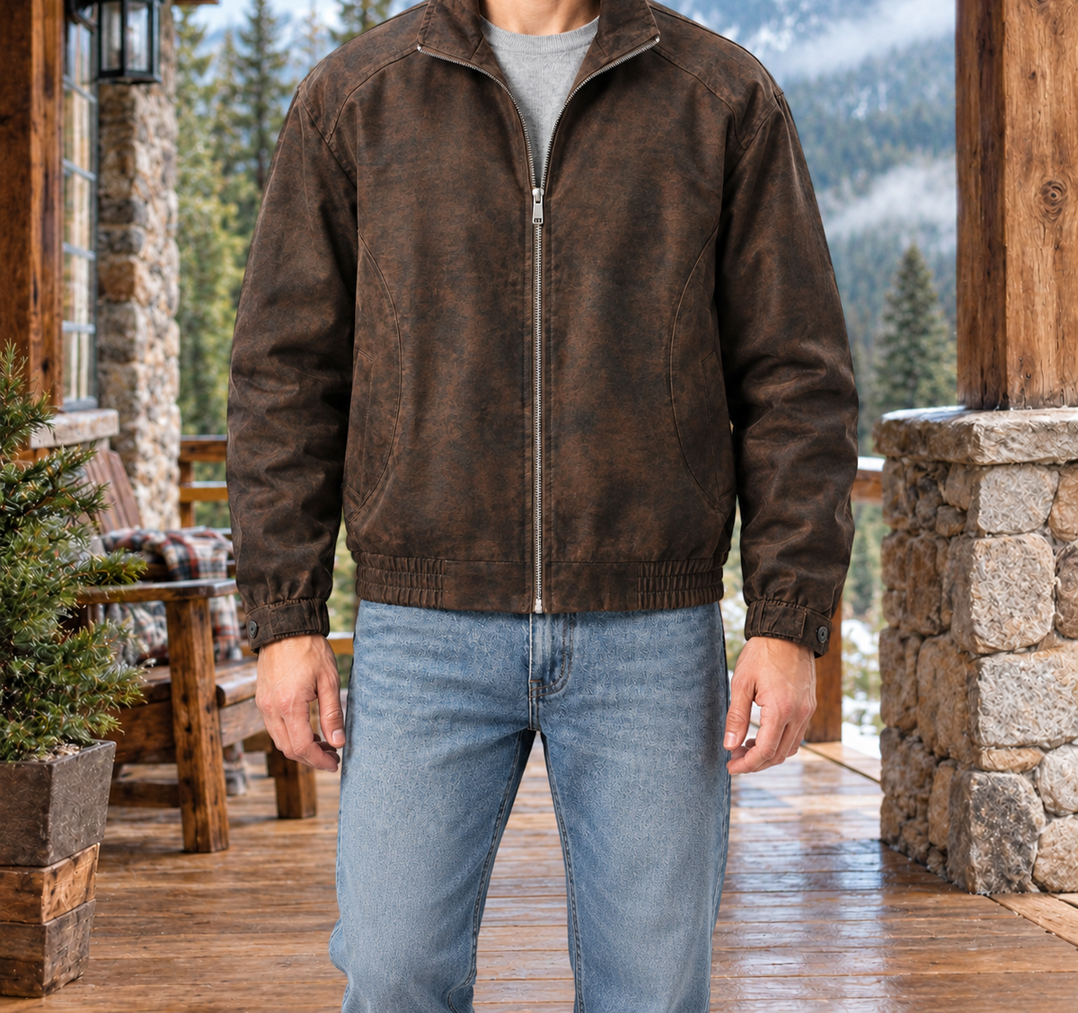 Brandon Waxed-Finish Zip Jacket - Coffee, worn, full jacket