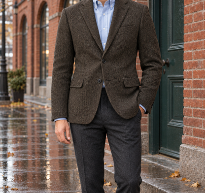 Edward Herringbone Two-Button Blazer - Coffee, worn, full blazer