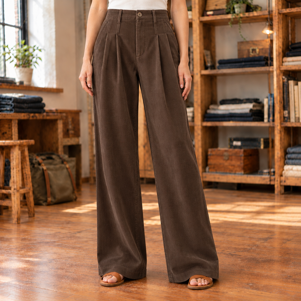Brooke Pleated Corduroy Wide-Leg Trousers - Coffee Brown, worn, full length