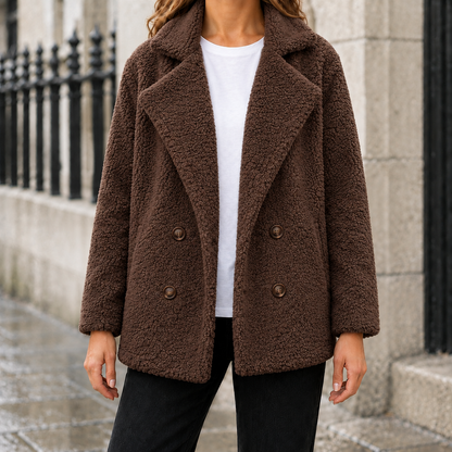 Brooke Teddy Double-Breasted Jacket - Coffee, worn, full jacket