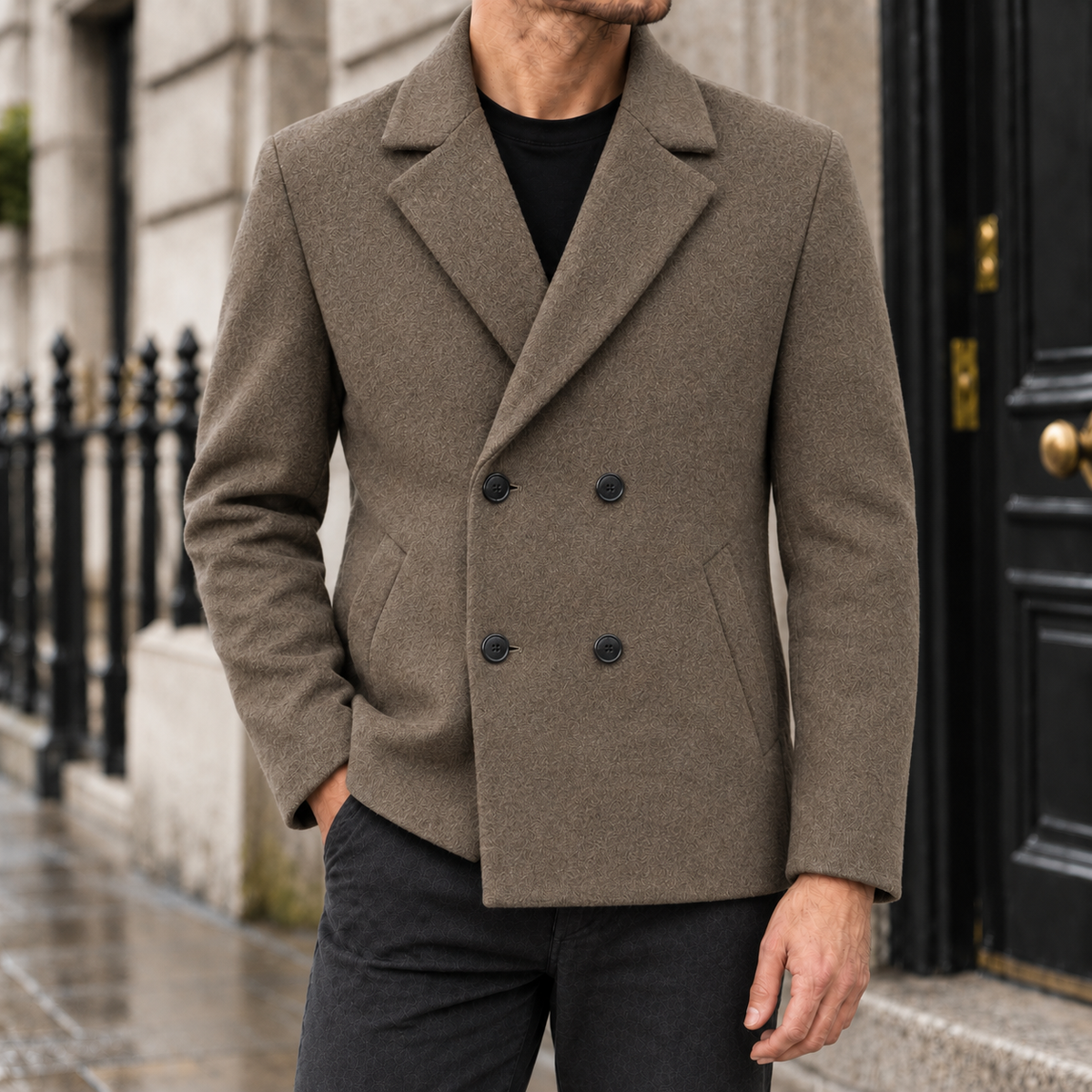 Calvin Brushed Double-Breasted Peacoat - Coffee, worn, full coat