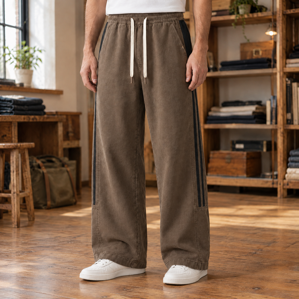 Trevor Side-Panel Drawstring Pants - Coffee, worn, full length