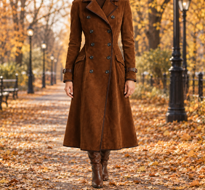 Kendall Suede-Look Double-Breasted Coat - Coffee, worn