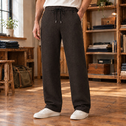 Ethan Herringbone Drawstring Trousers - Coffee, worn, full trousers