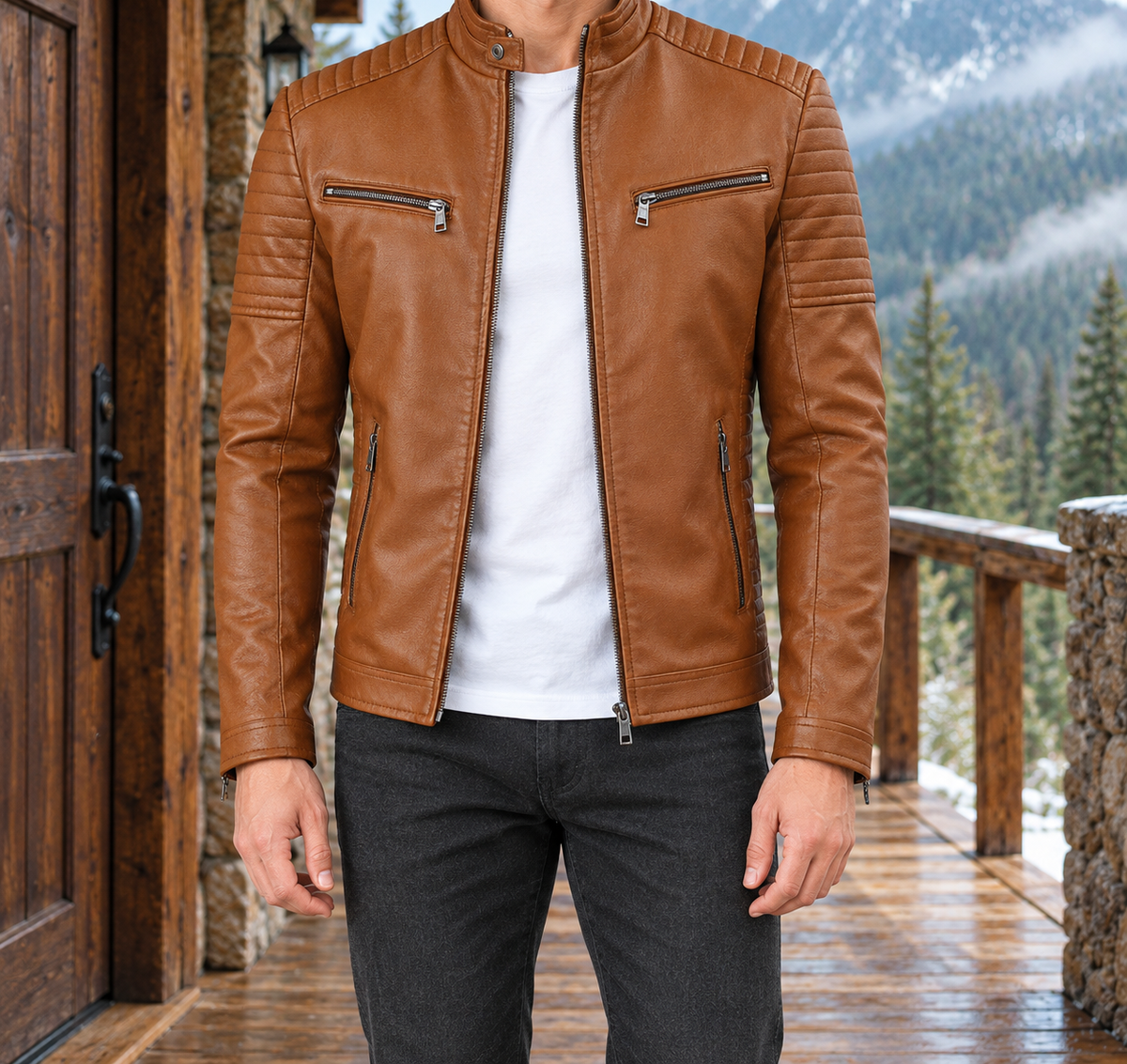 Bryce Quilted-Shoulder Faux-Leather Jacket - Cognac, worn, full jacket