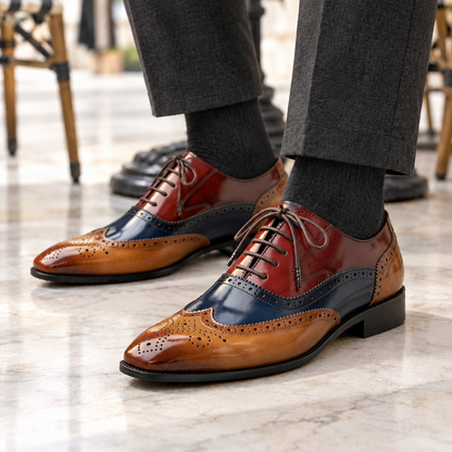 Stuart High-Shine Wingtip Brogues - Cognac, worn pair