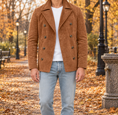 Spencer Suede-Look Double-Breasted Jacket - Cognac, worn, full jacket
