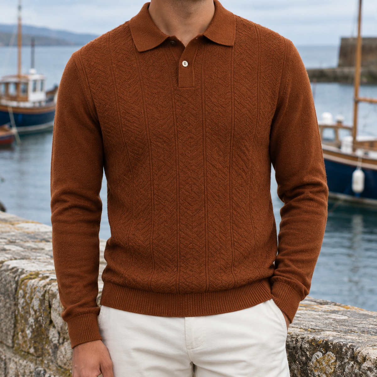 Grant Braided-Knit Long-Sleeve Polo - Copper, worn