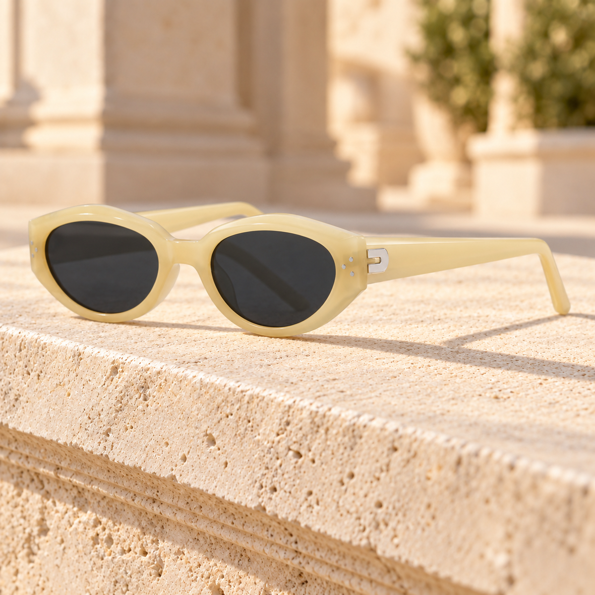 Nina Faceted Cat-Eye Sunglasses — Cream/Grey, full frame
