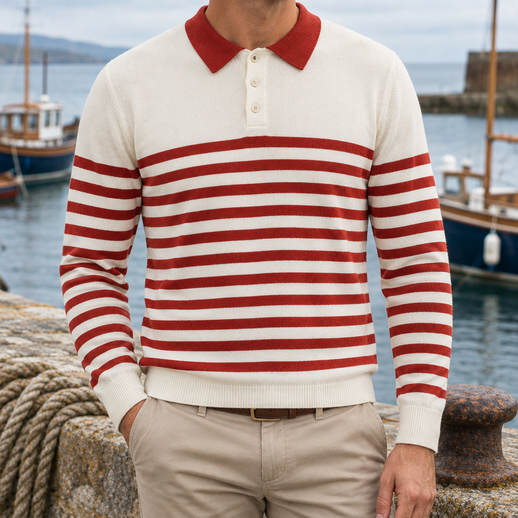 James Contrast-Collar Striped Knit Polo - Cream & Red, worn, full polo