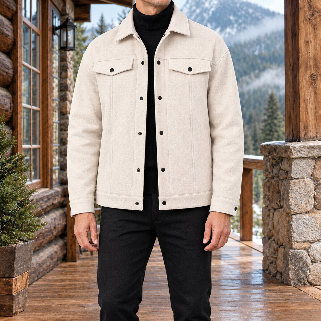Travis Flap-Pocket Trucker Jacket - Cream, worn, full jacket