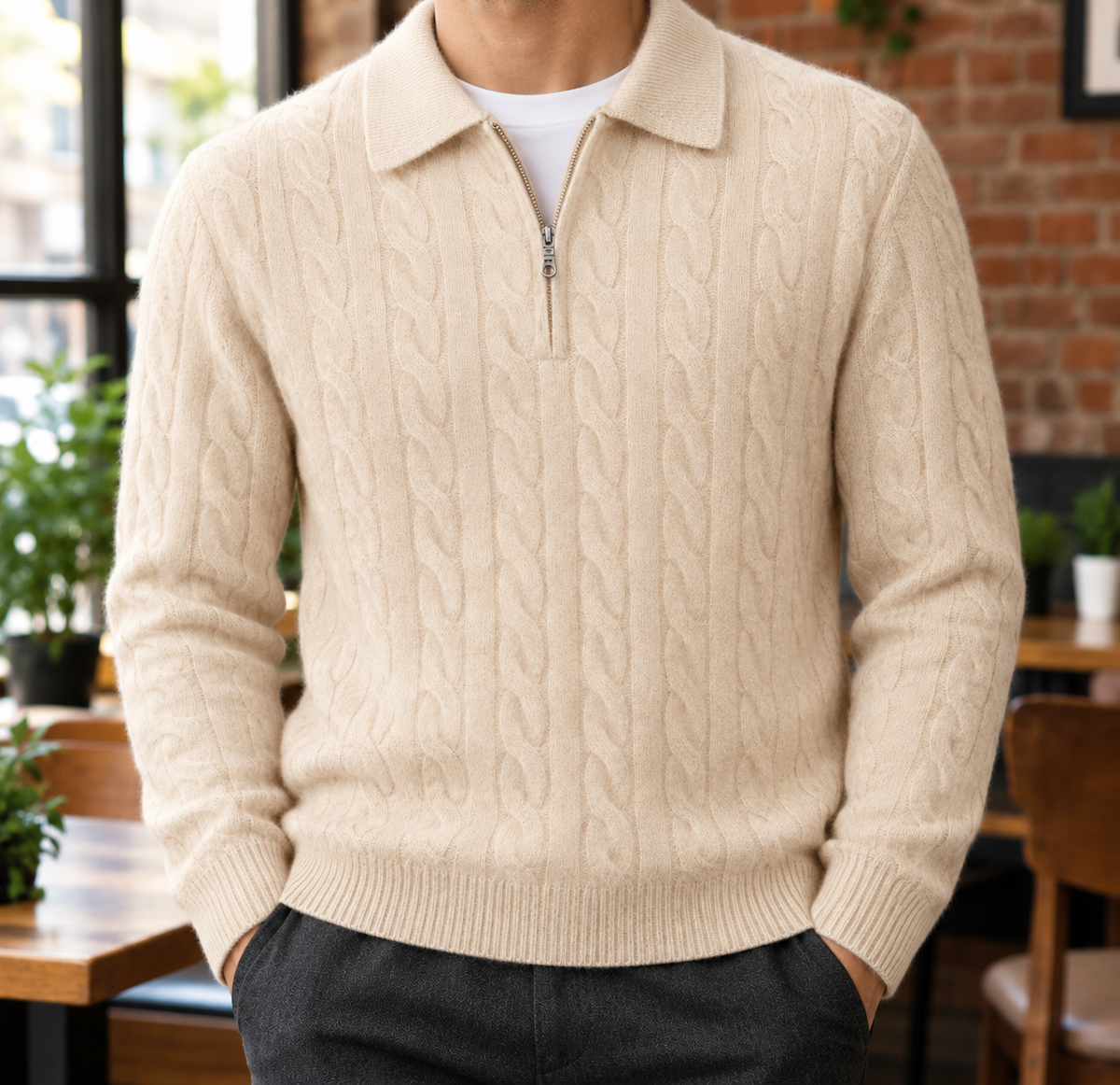 Henry Cable-Knit Zip Polo - Cream, worn, full polo