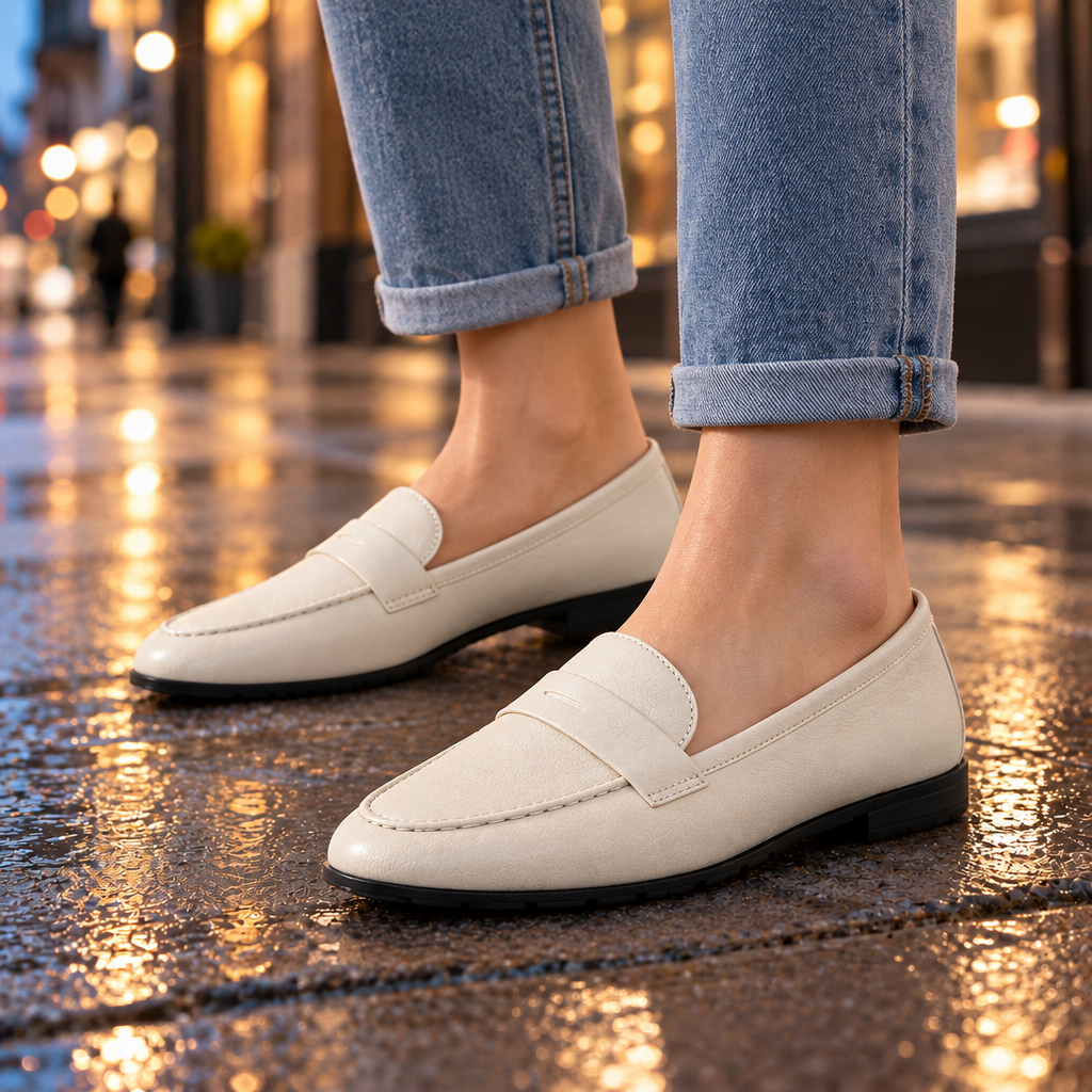 Grace Faux-Leather Penny Loafers - Cream, worn pair