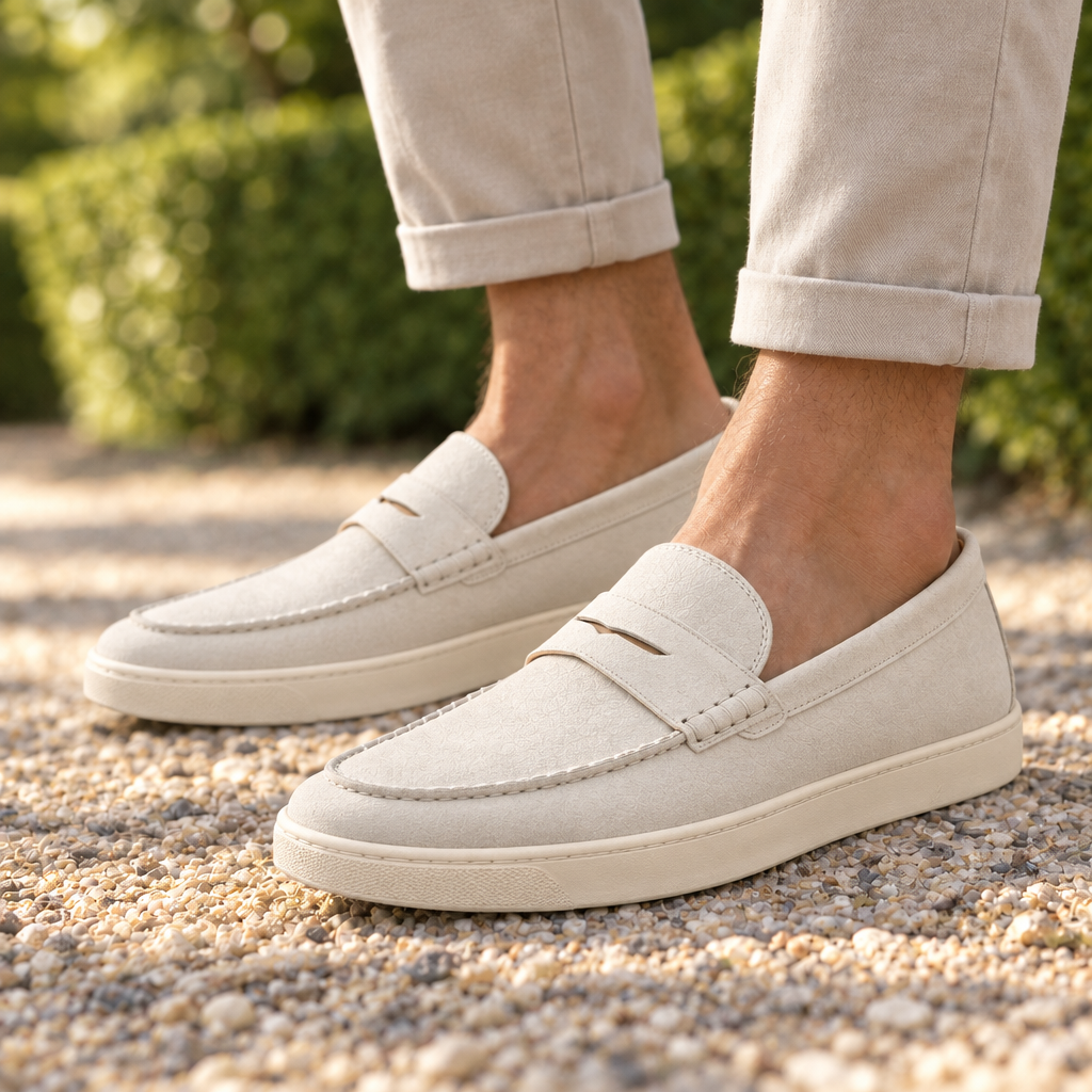 Carter Suede Cupsole Penny Loafers - Cream, worn pair