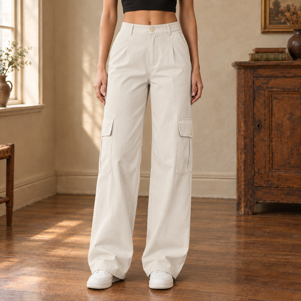 Maren High-Rise Cargo Pants — Cream, worn, full pants