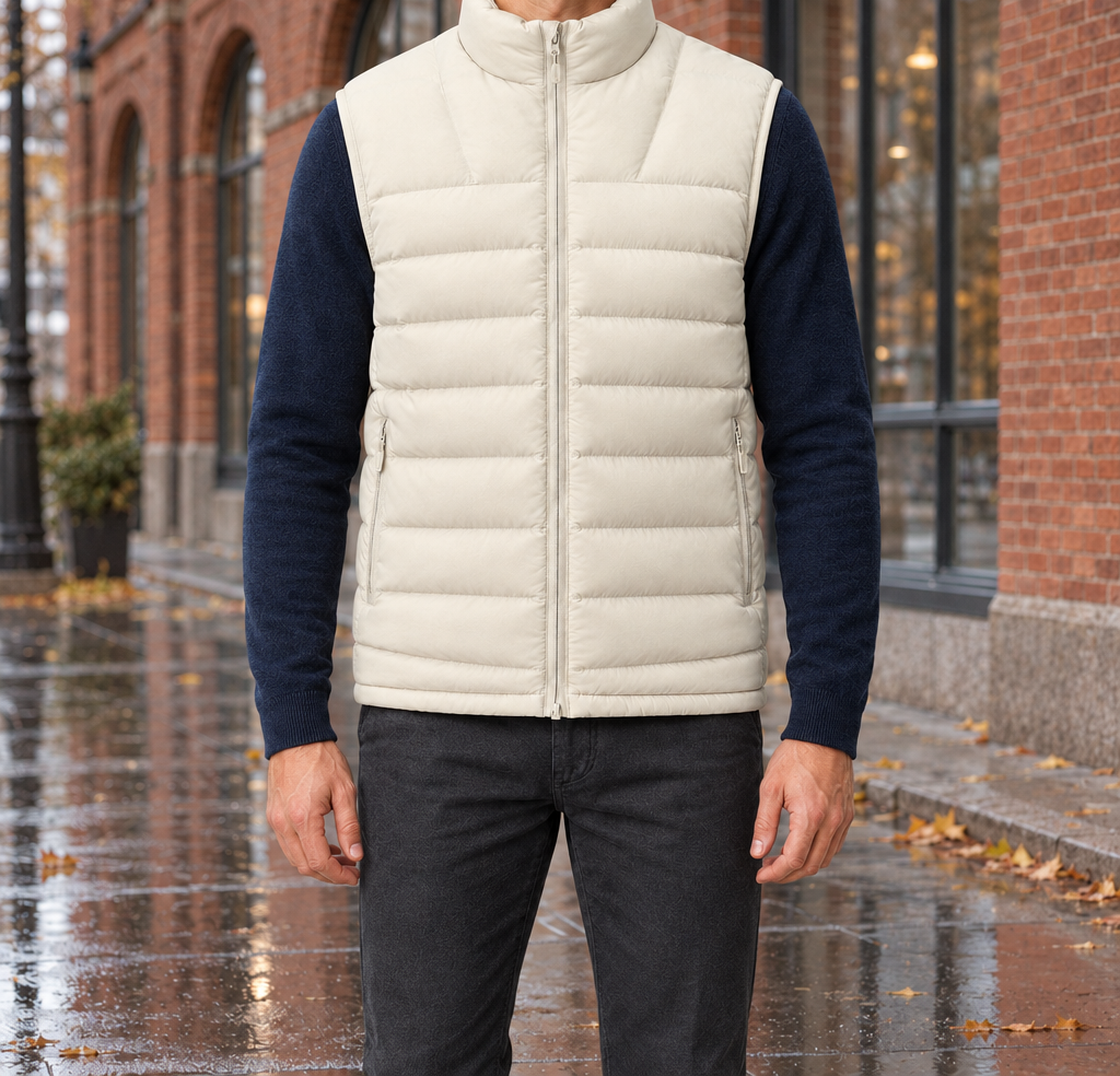 Tyler Stand-Collar Puffer Vest - Cream, worn, full vest