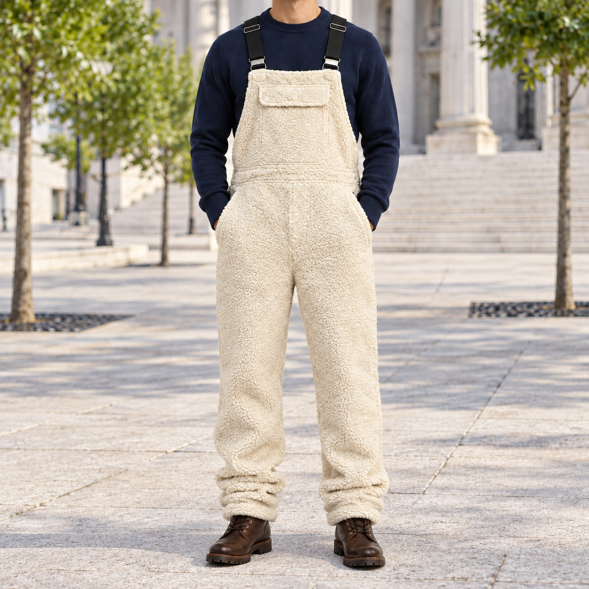 Clay Sherpa Fleece Bib Overalls - Cream, worn, full overalls