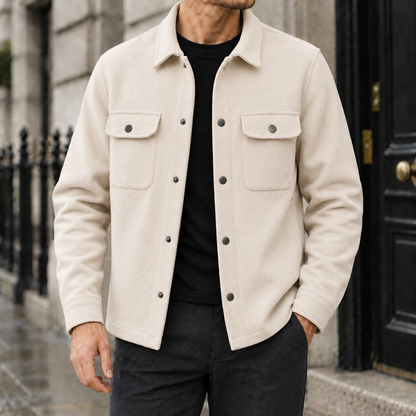 Garrett Brushed Snap-Front Shirt Jacket - Cream, worn, full jacket