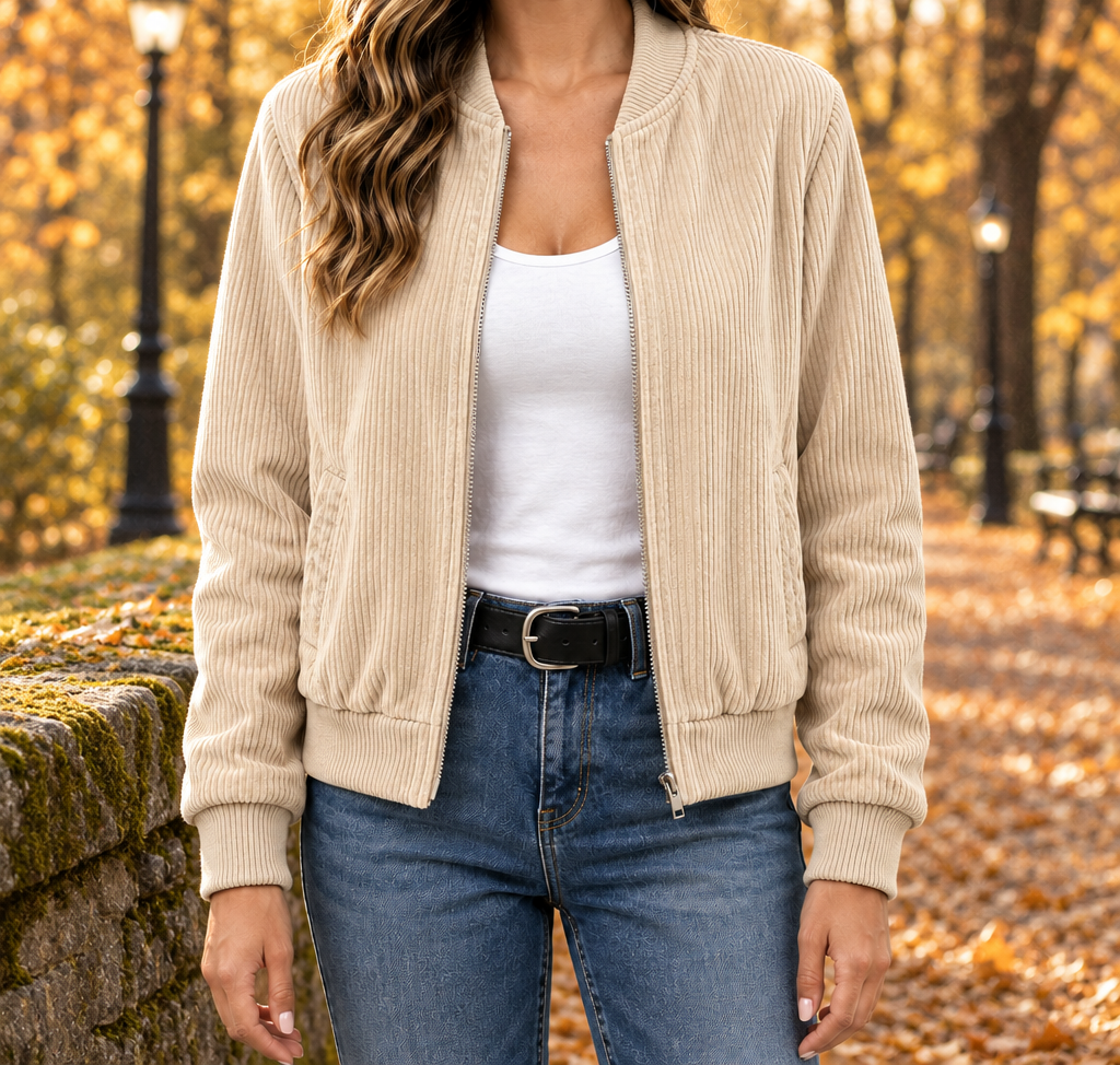 Kayla Corduroy Zip Bomber Jacket - Cream, worn, full jacket