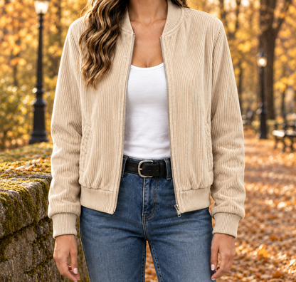 Kayla Corduroy Zip Bomber Jacket - Cream, worn, full jacket