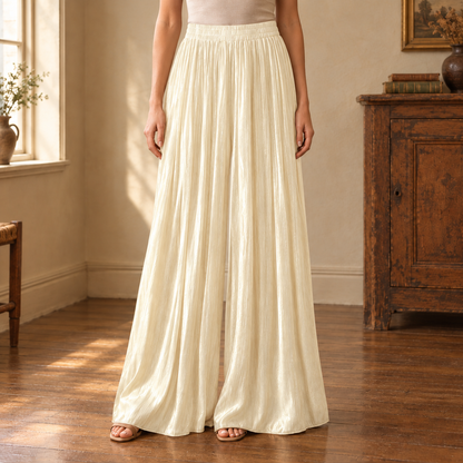 Ondine Pleated Satin Wide-Leg Pants — Cream, worn, full pants